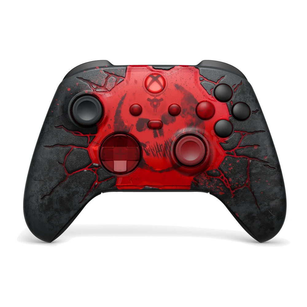 يد تحكم Gears of War E-Day من Xbox - إصدار محدود بشقوق محفورة بالليزر وزنادين أحمرين شفافين، لـ Xbox Series X|S والكمبيوتر 10 يد تحكم Gears of War E-Day من الجانب مع الزناد الأحمر الشفاف