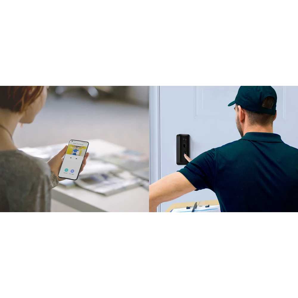 جرس باب Xiaomi Smart Doorbell 3 – فيديو 2K، زاوية قطرية 180°، رصد الأشخاص بالذكاء الاصطناعي، بطارية 5200 مللي أمبير حتى 4.8 أشهر، جرس داخلي لاسلكي 11 زائر يضغط زر جرس باب Xiaomi Smart Doorbell 3 وصاحب المنزل يرد من الهاتف