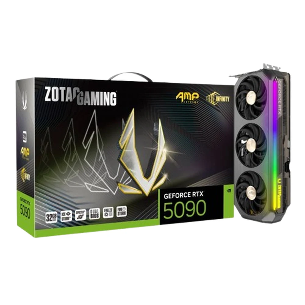 ZOTAC GAMING GeForce RTX 5090 AMP Extreme INFINITY 32GB GDDR7 – 21,760 CUDA Cores, 2467 MHz, IceStorm 3.0 Cooling, Infinity Mirror RGB, Dual BIOS 3 ZOTAC RTX 5090 AMP Extreme Infinity - ZOTAC GAMING GeForce RTX 5090 AMP Extreme INFINITY graphics card with three fans