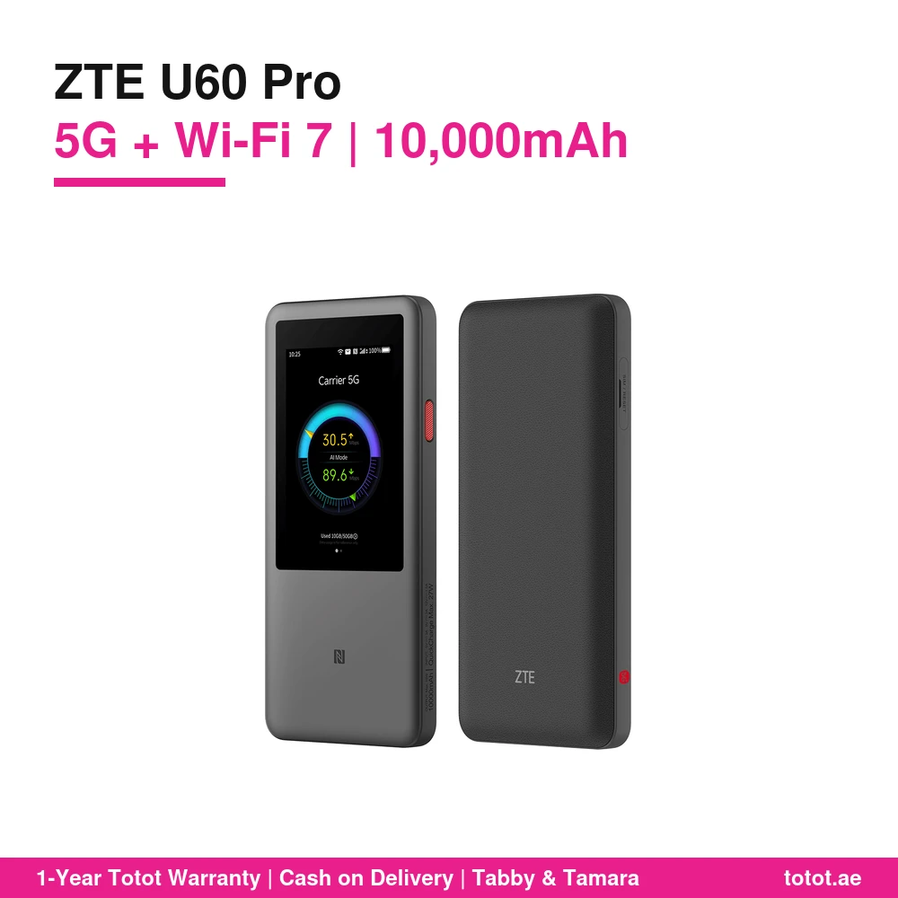 راوتر ZTE U60 Pro 5G جيب رمادي – Wi-Fi 7 حتى 3600 ميجابت، معالج Snapdragon X75، بطارية 10,000 مللي أمبير تعمل كباور بانك، 64 جهازاً، شاشة لمس 3.5 بوصة، NFC 1 ZTE U60 Pro 5G Pocket WiFi