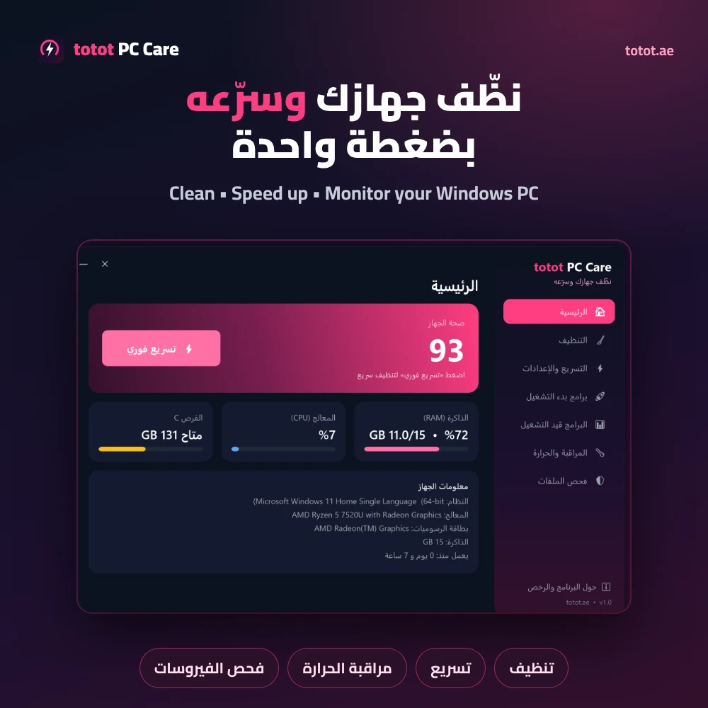 Totot PC Care – PC Cleaner and Optimizer for Windows: Speed Up Your PC, Free Up RAM, Game Boost and Debloat (Digital Download) 12 PC Cleaner and Optimizer - Totot PC Care home screen with health score and live RAM, CPU and disk usage