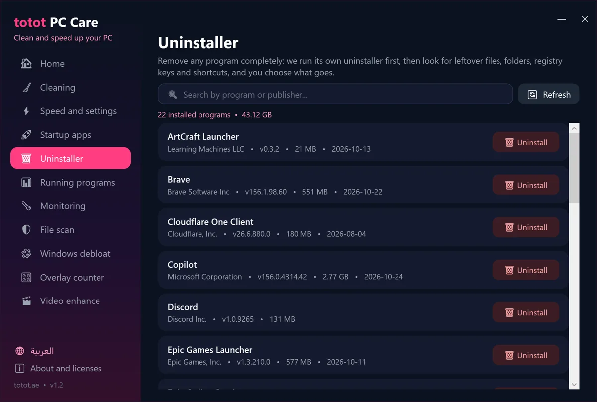 Totot PC Care – PC Cleaner and Optimizer for Windows: Speed Up Your PC, Free Up RAM, Game Boost and Debloat (Digital Download) 19 PC Cleaner and Optimizer uninstall programs page that removes leftover files and registry keys - Totot PC Care
